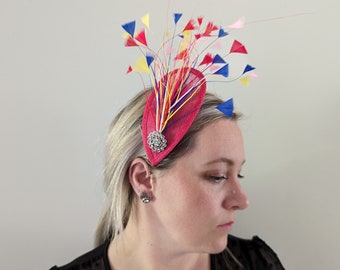 Rainbow feathered teardrop fascinator with broach detail Wedding Races Special Occasion