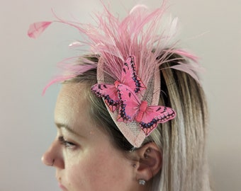 Pink teardrop fascinator with feathered butterflies Wedding Races Special Occasion