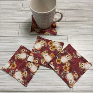 Fall Owl Floral Print Washable Fabric Coasters-Reusable-Absorbent-Mug Rug-Gift-Set of 4