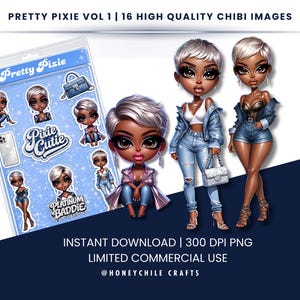 Zestaw błyszczących clipartów chibi | Czarnoskóra dziewczyna PNG, postacie Glam Baddie (pobieranie cyfrowe) Pretty Pixie Vol 1