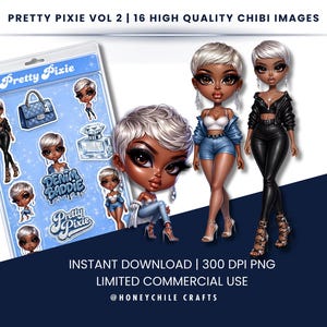 Afroamerykańskie dziewczyny chibi | Błyszczące chibi | Naklejki cyfrowe | Pakiety naklejek | Pretty Pixie Vol 2