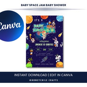 May include: A navy blue baby shower invitation with a space theme, featuring cartoon characters and the text "BABY SPACE JAM BABY SHOWER." The invitation includes details for Jackie & Cortez's baby shower, with the date, time, and location.