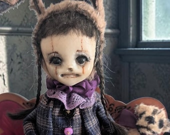 Creepy Bunny Doll, OOAK Art Doll, Gothic Sculpture, Dark Academia Decor, Posable Rabbit