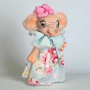Elephant Ornament 4&quot;– Handmade OOAK Art Doll – Clay Elephant Figurine – Poseable Whimsical Animal Gift – Collectible Sculpture