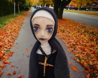 4" The NUN figurine Creepy doll handmade Halloween ornament OOAK art doll Gothic brooch  Satanic figure  Gorh figurine Horror movie gifts
