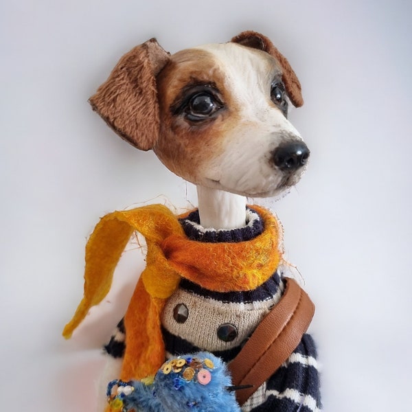 OOAK art doll animal 12" Jack russell terrier Dog figurine Poseable art doll Unique shelf sitter Handmade pet figure Dog remembrance gift