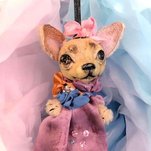 4&#39;&#39; Chihuahua Doll  Handmade ornament Art doll animal Car Hanger OOAK doll Dog Remembrance Gift Dog figurine pin brooch