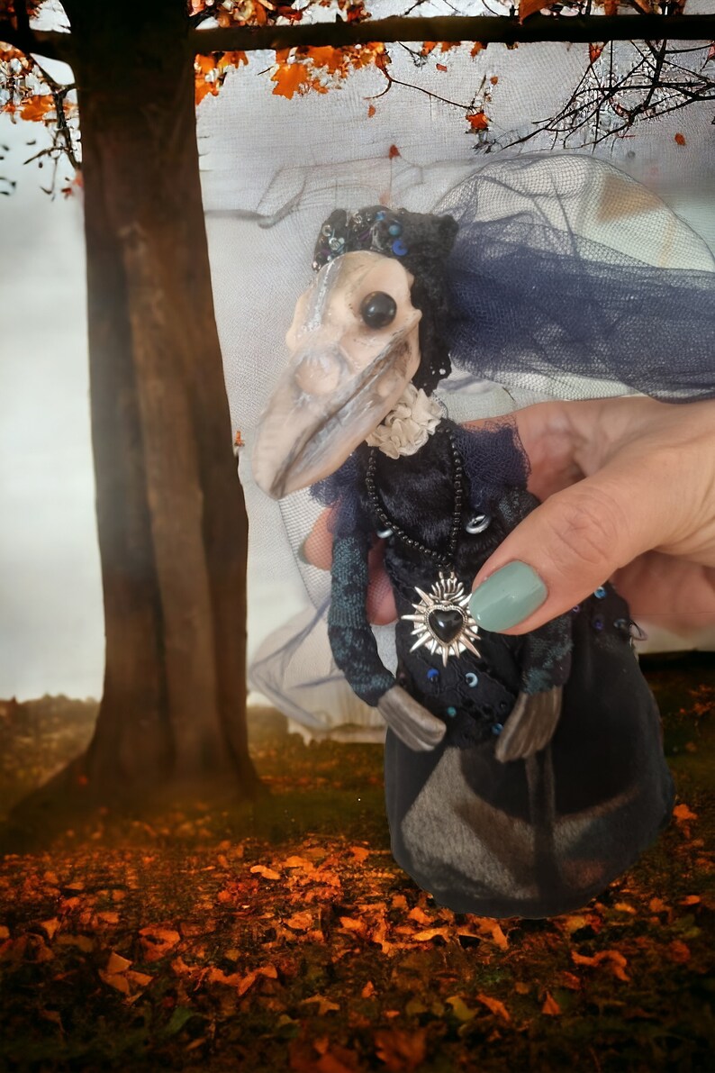 Victorian goth doll 8 Skull ornament Raven bird art doll creature Weird gifts Halloween ornaments Death macabre gifts Haunted doll image 6