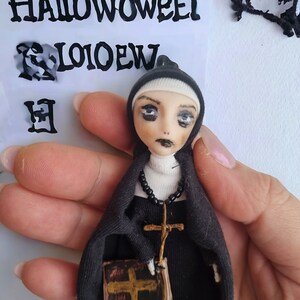 4 The NUN figurine Creepy doll handmade Halloween ornament OOAK art doll Gothic brooch Satanic figure Gorh figurine Horror movie gifts image 7