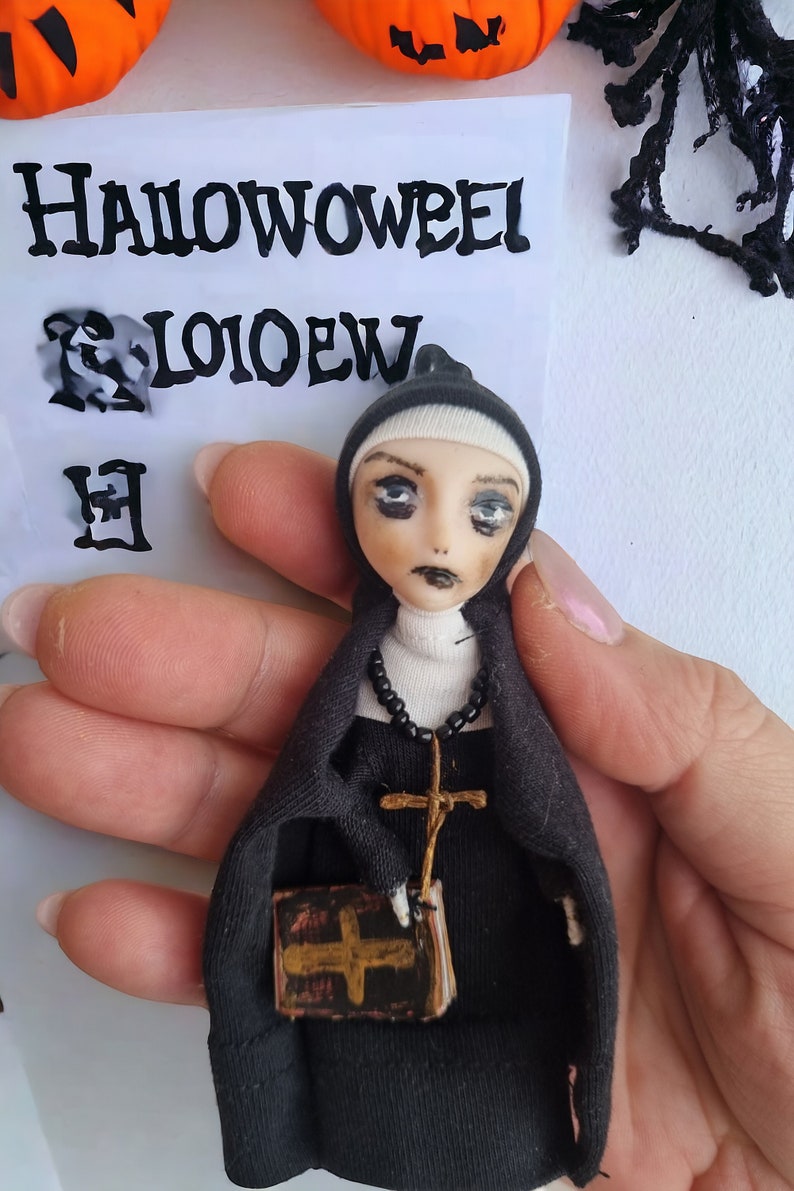 4 The NUN figurine Creepy doll handmade Halloween ornament OOAK art doll Gothic brooch Satanic figure Gorh figurine Horror movie gifts image 7