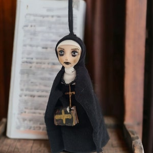 4 The NUN figurine Creepy doll handmade Halloween ornament OOAK art doll Gothic brooch Satanic figure Gorh figurine Horror movie gifts image 3