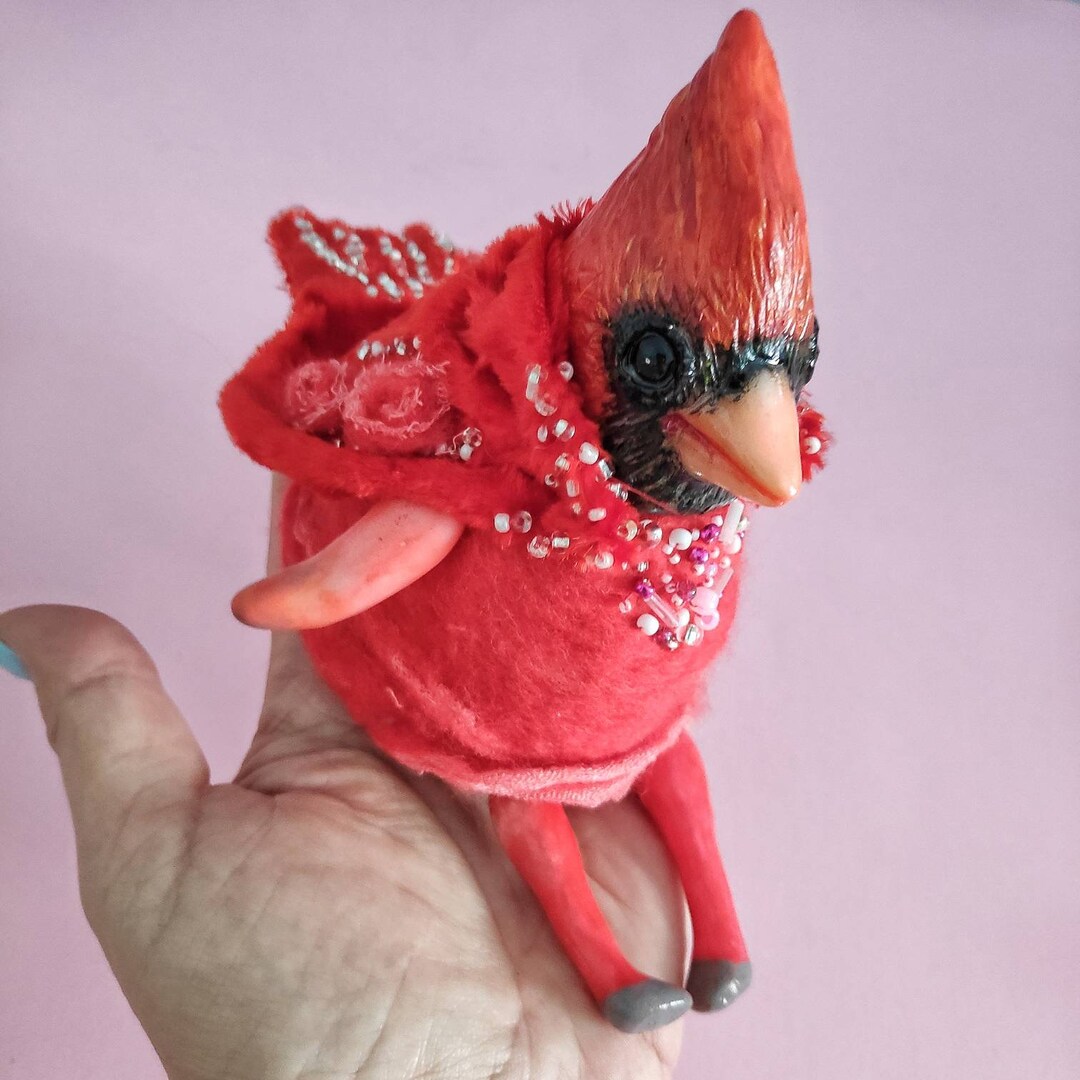 Red Bird Art Doll Creature Cardinal Ornament OOAK Doll Poseable Art