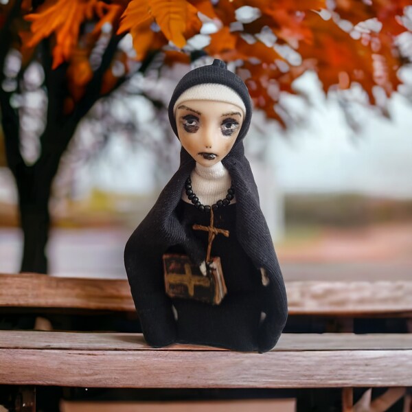 4" The NUN figurine Creepy doll handmade Halloween ornament OOAK art doll Gothic brooch  Satanic figure  Gorh figurine Horror movie gifts