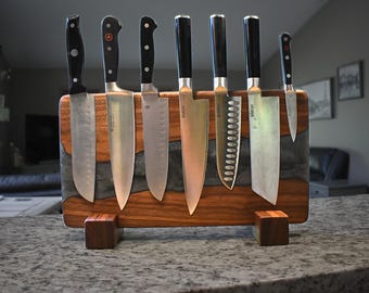 Walnut Knife Block with Epoxy Resin - Chef Holder, Kitchen Storage, Handmade Display