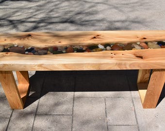 Elm Wood River Bench: Epoxy Resin, Petoskey Stones