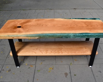 Sage Green Epoxy River Bench: Handmade Cherry Wood Entryway Bench with Shelf