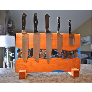 Handmade Cherry Wood Magnetic Knife Rack: Petoskey Stone & Epoxy Resin