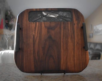 Handmade Walnut Charcuterie Board, Viking Utensil Epoxy Inlay, Large Serving Platter
