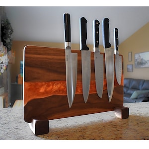 Handmade Black Walnut Magnetic Knife Rack: Copper Epoxy River, Kitchen Storage