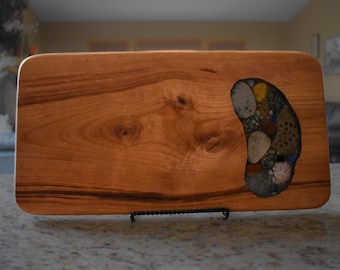 Handmade Cherry Wood Charcuterie Board, Petoskey Stone Inlay, Unique Rustic Serving Tray, Housewarming Gift