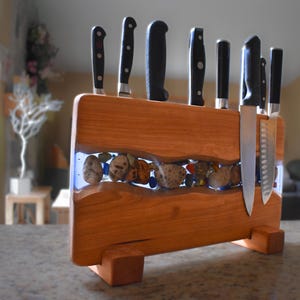 Cherry Wood Magnetic Knife Rack: Epoxy River with Petoskey Stones, Knife Storage