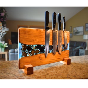 Handmade Cherry Wood Magnetic Knife Rack: Petoskey Stone & Epoxy Resin