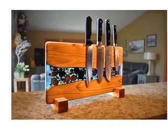 Cherry Wood Magnetic Knife Rack, Petoskey Stone Gift, Kitchen Storage, Father's Day Gift