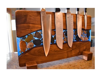 Wood Magnetic Knife Rack, Black Walnut with Lake Michigan Stones