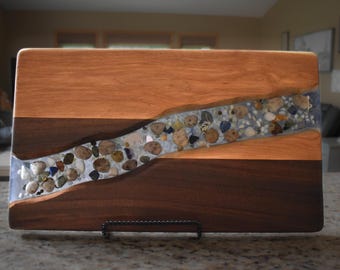 Handmade River Rock Cutting Board - Unique Wood and Resin Serving Board