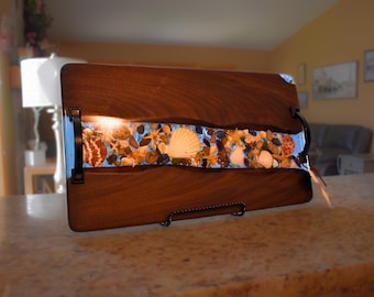 Black Walnut Charcuterie Board: Coastal Epoxy Resin Art with Beach Shells