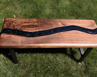 Handmade Walnut & Epoxy River Bench with Petoskey Stones
