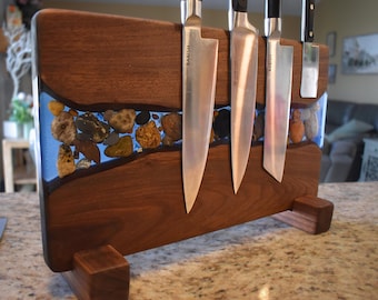 Handmade Black Walnut Magnetic Knife Rack: Epoxy Resin River