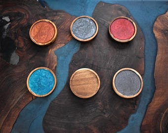 Handmade Walnut Wood Round Coasters, Epoxy Resin River, Drink Coaster Set