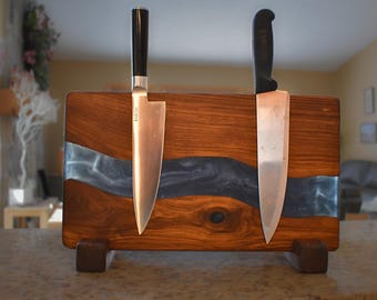 Walnut Epoxy River Knife Block, Handmade Kitchen Holder, Chef Display