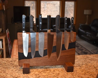 Handmade Walnut Magnetic Knife Rack: Epoxy Resin River, Countertop Display