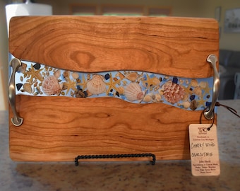 Handcrafted Cherry Wood Charcuterie Board: Coastal Epoxy Resin & Beach Shells
