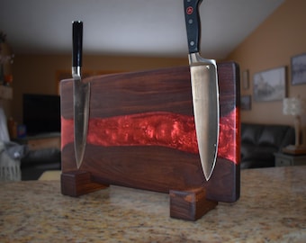 Handmade Walnut Magnetic Knife Rack, Burgundy Epoxy Resin River, Kitchen Storage, Father's Day Gift