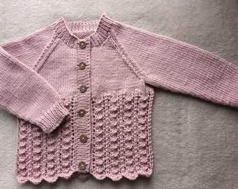 Little girls cardigan hand-knitted in a soft dusky pink to fit approx 1-2 years