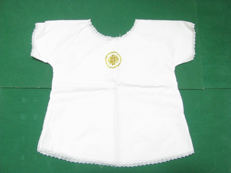 Vintage Baby-pure cotton BLOUSE with lace edges and embroidered holy symbol-Holy Year Mediugorje 1985
