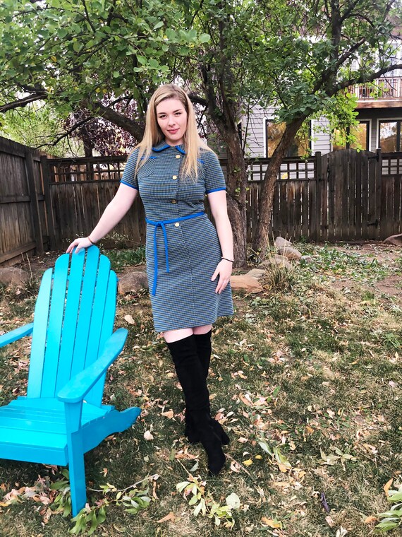 Vintage 1960s Blue + Yellow Mod Dress with Asymmet