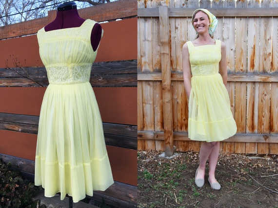 Vintage 1950s / 1960s Yellow Nylon Swing Dress wi… - image 1