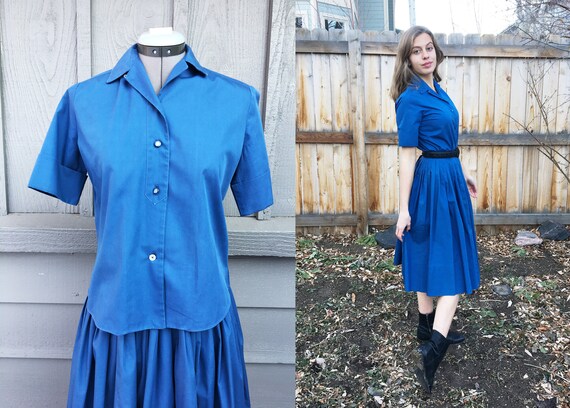 Vintage 1950s Dusky Blue Pleated Skirt & Blouse Se