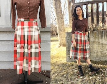Vintage 1970s Red Brown Plaid Pleated Midi Skirt Women's Size