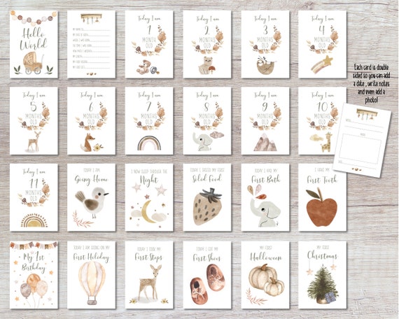 Boho Baby Milestone Cards, Double Sided Unisex Baby Gift, Baby Shower Gift, Pregnancy Gift, FREE Drawstring Bag, Memory Cards, Baby Keepsake