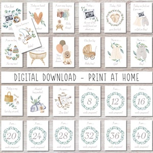 Tarjetas de hitos de anuncio de embarazo, descarga digital, impresión en casa, rastreador de embarazo, cuenta regresiva para el bebé, regalo de embarazo de accesorios fotográficos