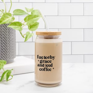 Fueled by Grace and Iced Coffee Glass Can 16oz – Christian Glass Tumbler with Bamboo Lid & Straw, Faith-Inspired Iced Coffee Cup