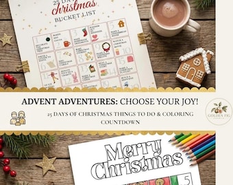 May include: A 25 Days of Christmas bucket list printable featuring a numbered grid with holiday activities and icons. Below, a Merry Christmas coloring page with numbered squares is partially colored with pencils, showcasing festive designs.