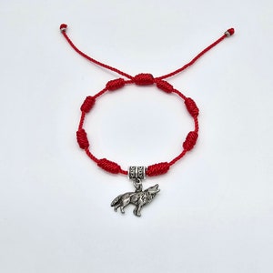 Red knotted Bracelet with a Pewter Wolf Charm. Good luck Bracelet| Red Cord Bracelet