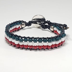 Tricolor Flag Beaded Bracelet: Czech Glass Beads, Black Leather