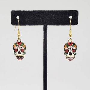 Sugar Skull Earrings with Gold Plated Hooks.